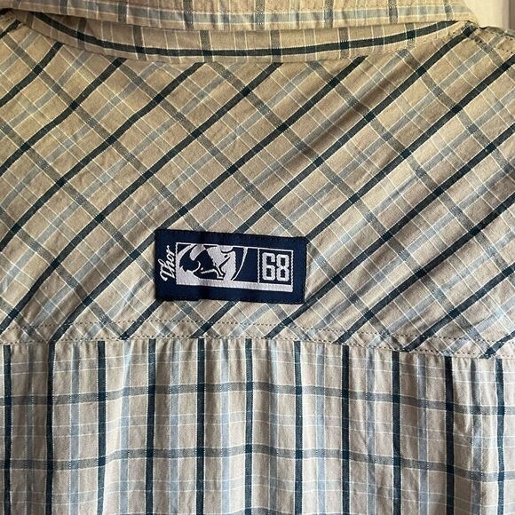 Thor 68 Shirt Button Down Plaid Tan Blue White Short Sleeve Graphic Logo Men XL - Picture 4 of 13